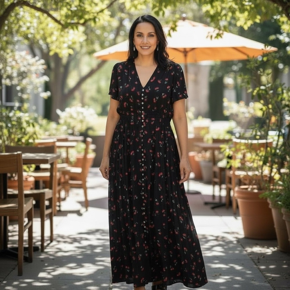 Black Cherry Print Maxi Dress